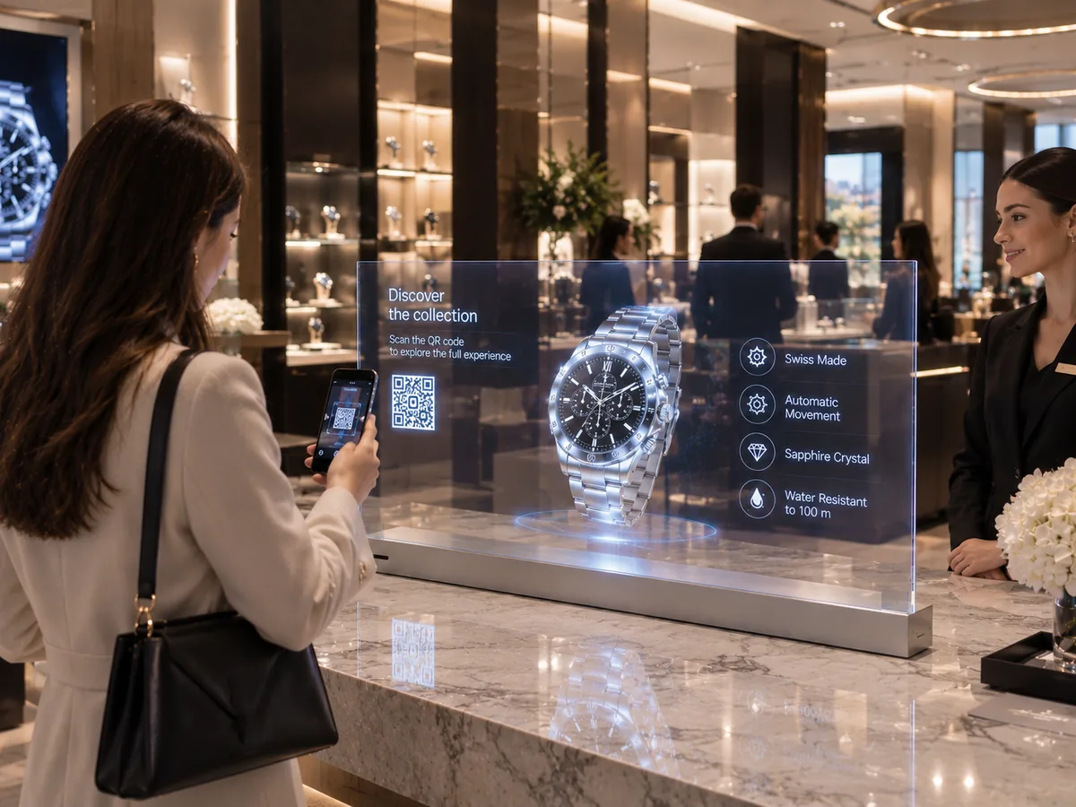 55 inch transparent OLED screen on a watch boutique counter: a 3D watch floats in front of the store, a customer scans the QR code on screen and a sales advisor greets her