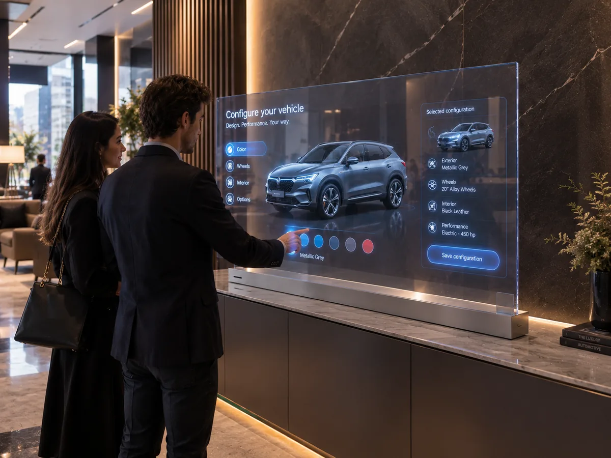 Couple configuring an SUV by touching a transparent OLED touch screen in a car showroom lobby