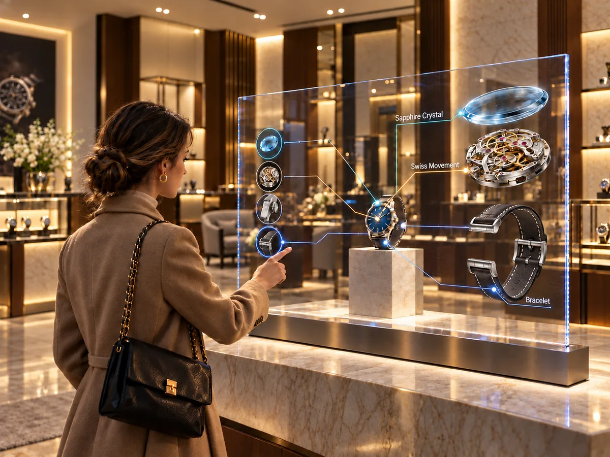 Customer touching a transparent OLED touch screen: the sapphire crystal, movement and strap appear as an overlay around the real watch displayed behind the screen