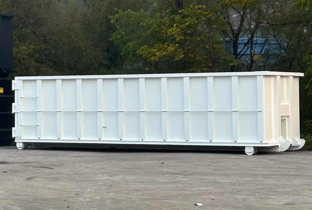White roll-off container manufactured by Stone Valley Container in Eastern USA