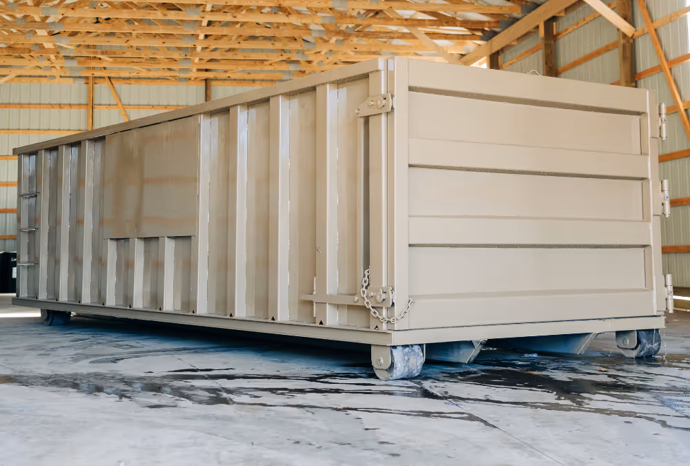 Tan colored roll-off container manufactured by Stone Valley Container in PA