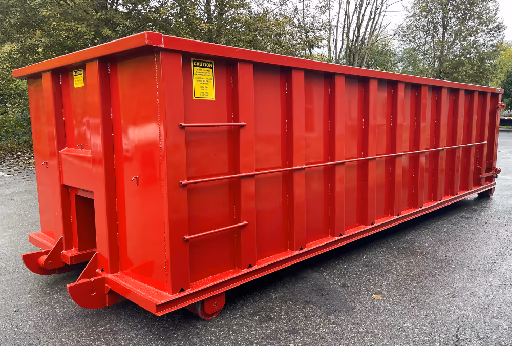 Bright red roll-off container manufactured by Stone Valley Container