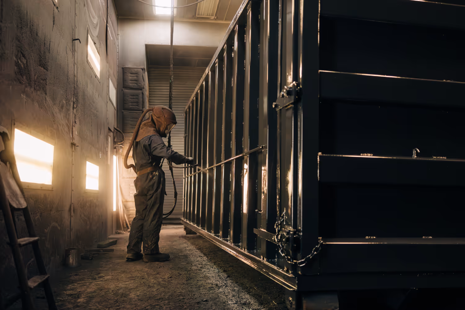 Stone Valley Container employee painting a roll off-container