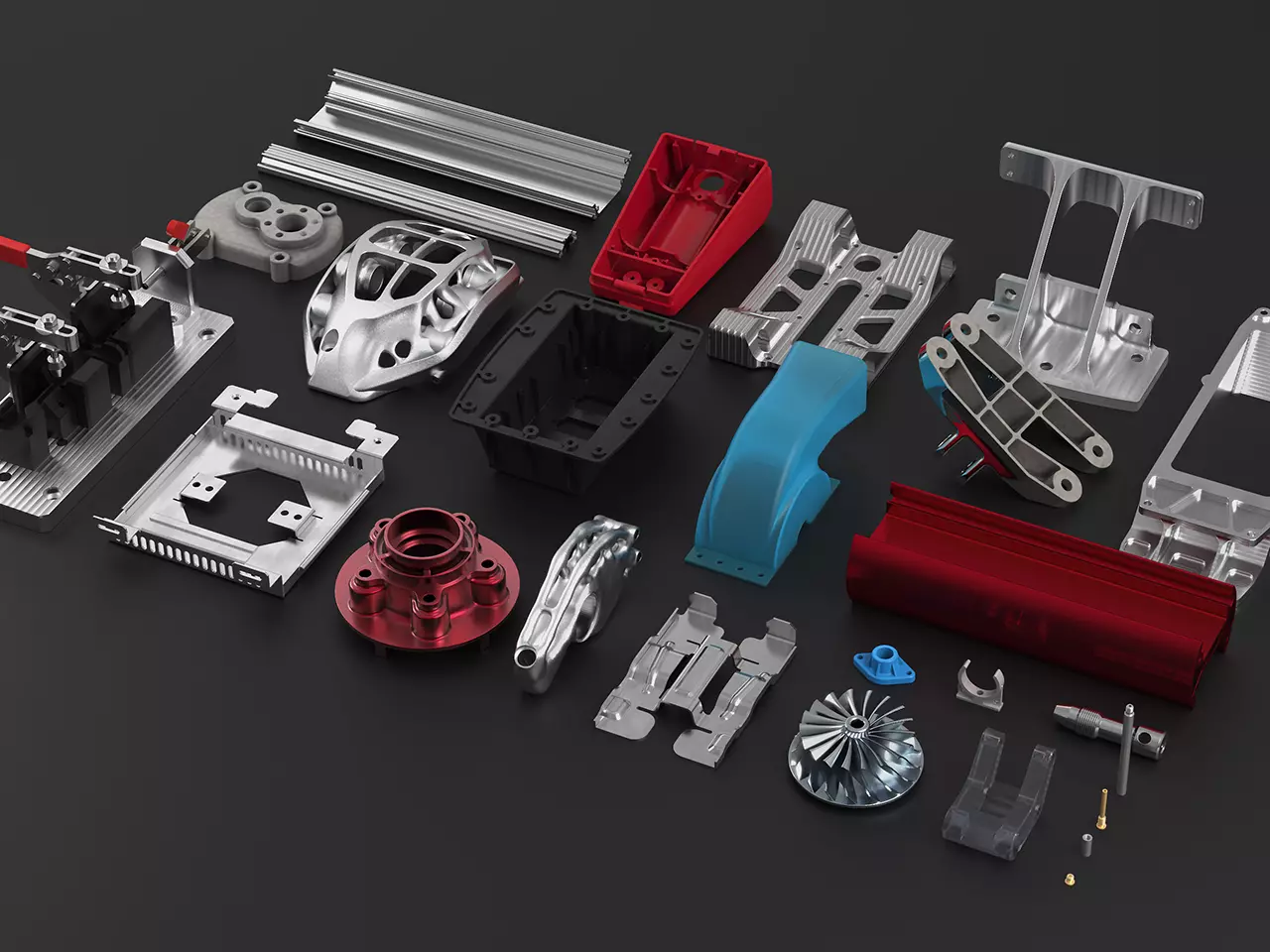 A variety of metal parts are shown on a black surface