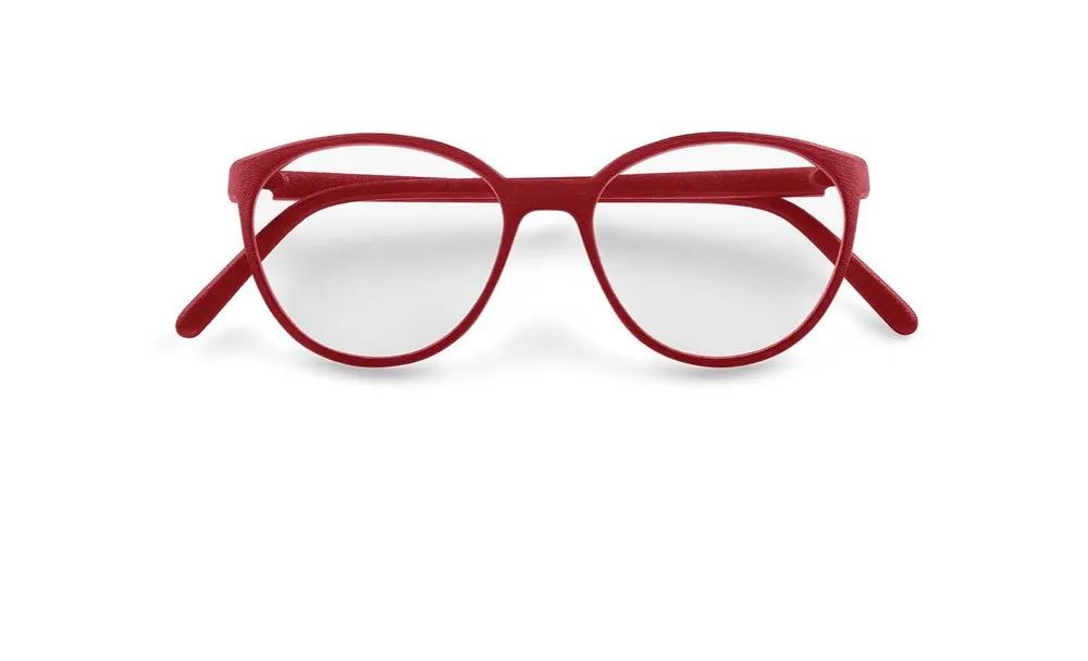 A pair of red glasses on a white background