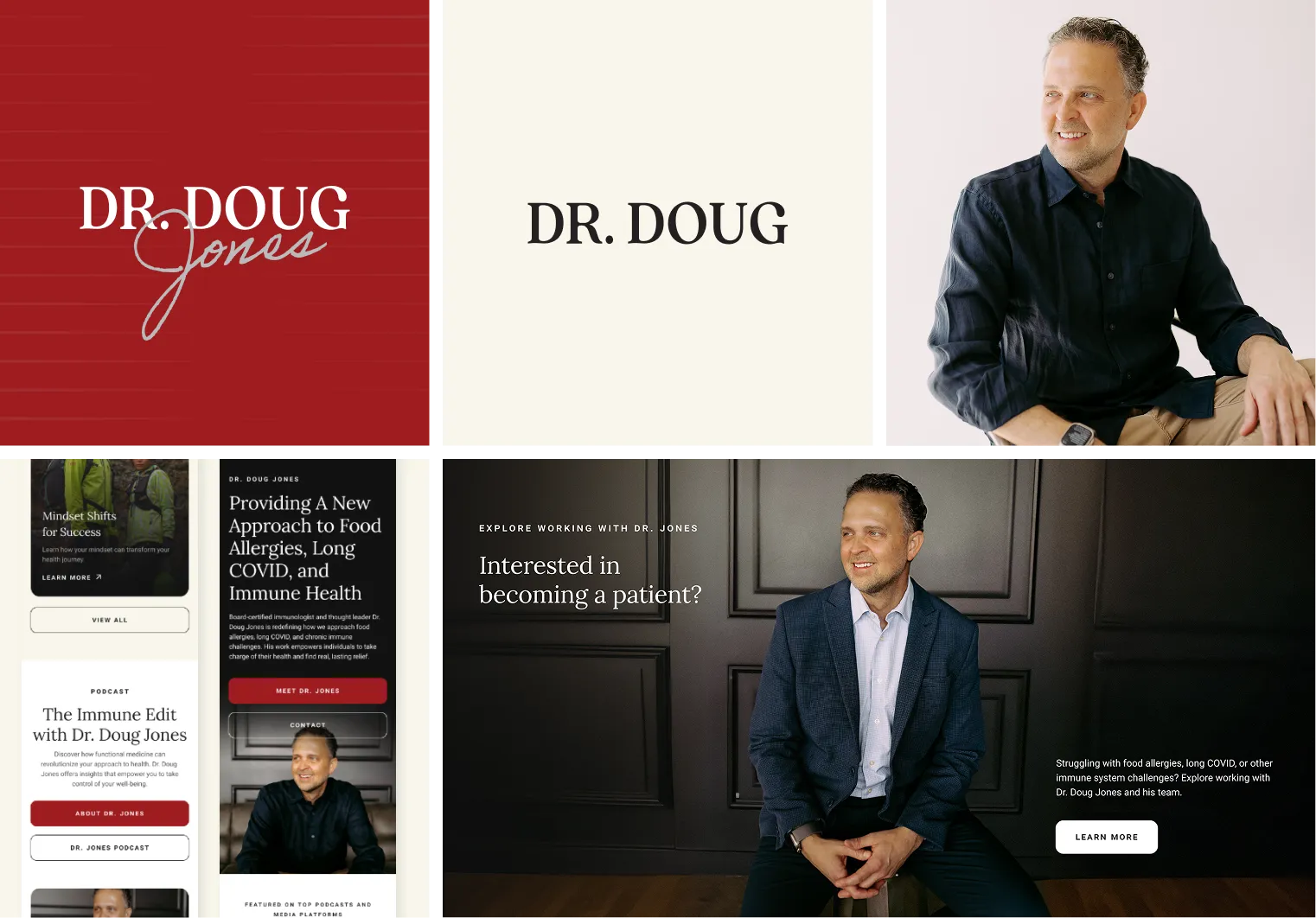 Collage showing Dr. Doug Jones branding, portraits of him in casual and formal attire, and text about his approach to food allergies, long COVID, and immune health.