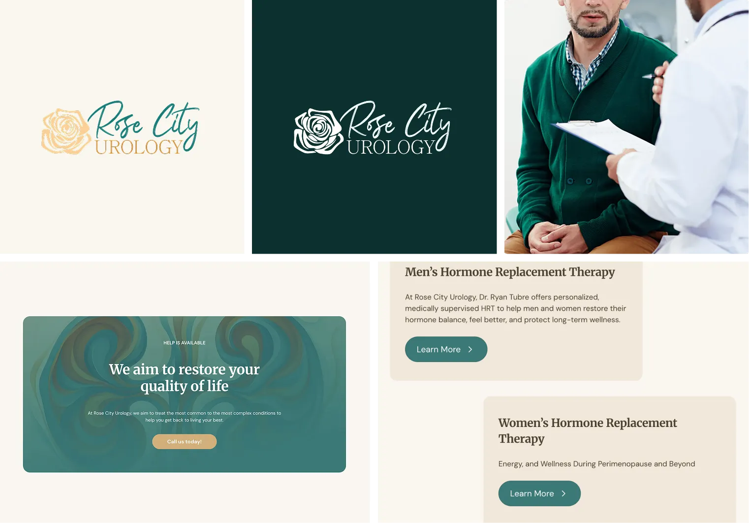 Rose City Urology logos; male patient consulting with doctor; section stating 'We aim to restore your quality of life'; info blocks for Men’s and Women’s Hormone Replacement Therapy with Learn More buttons.