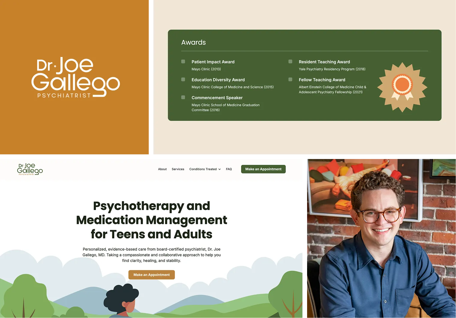 
Dr. Joe Gallego's psychiatrist website homepage featuring his logo, a list of awards, and a smiling man with glasses in a blue shirt sitting in front of a brick wall.