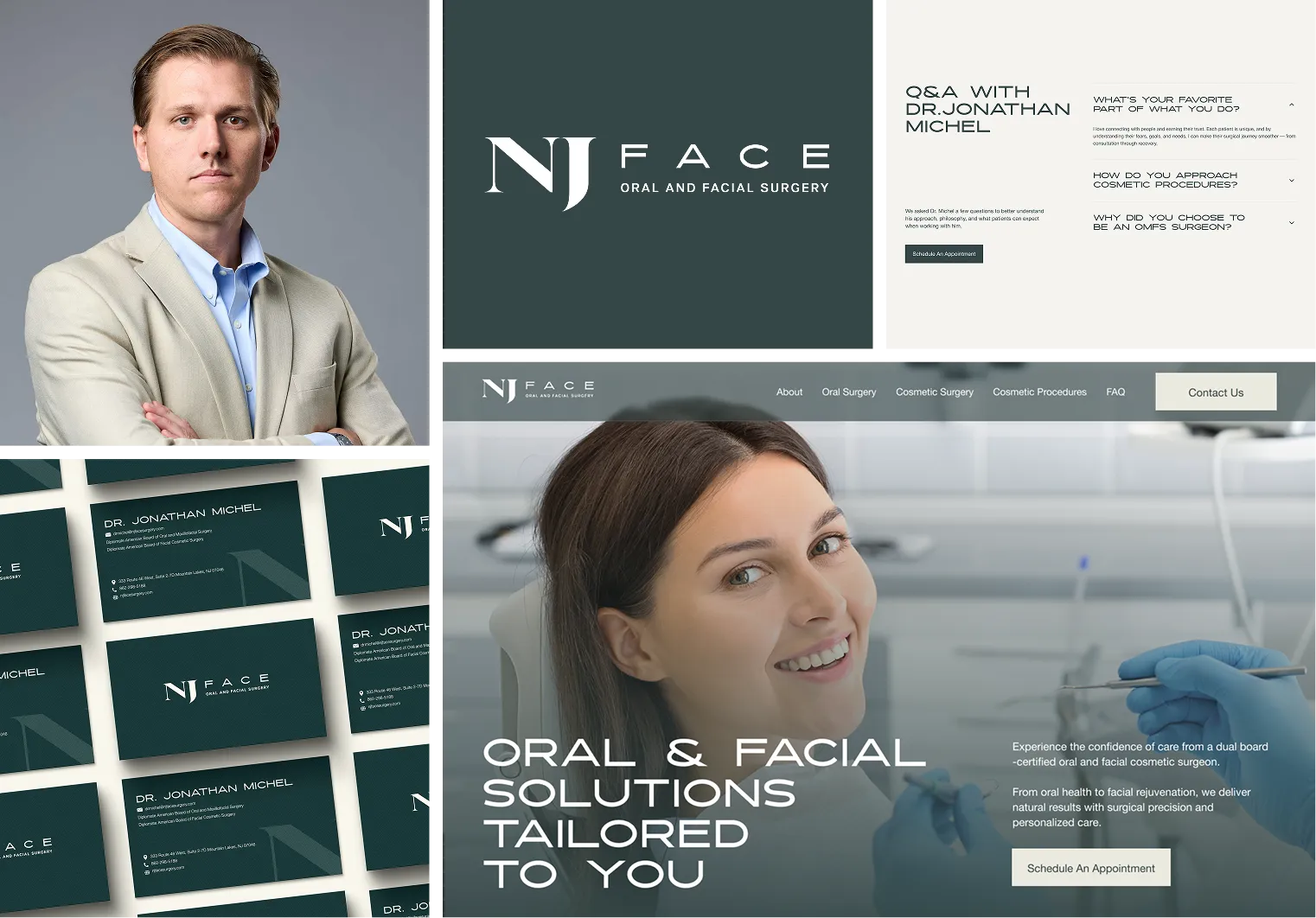 Collage showing Dr. Jonathan Michel portrait, NJ FACE Oral and Facial Surgery logo, business cards, a smiling female dental patient, and a Q&A section about the surgeon's approach and favorite part of his work.