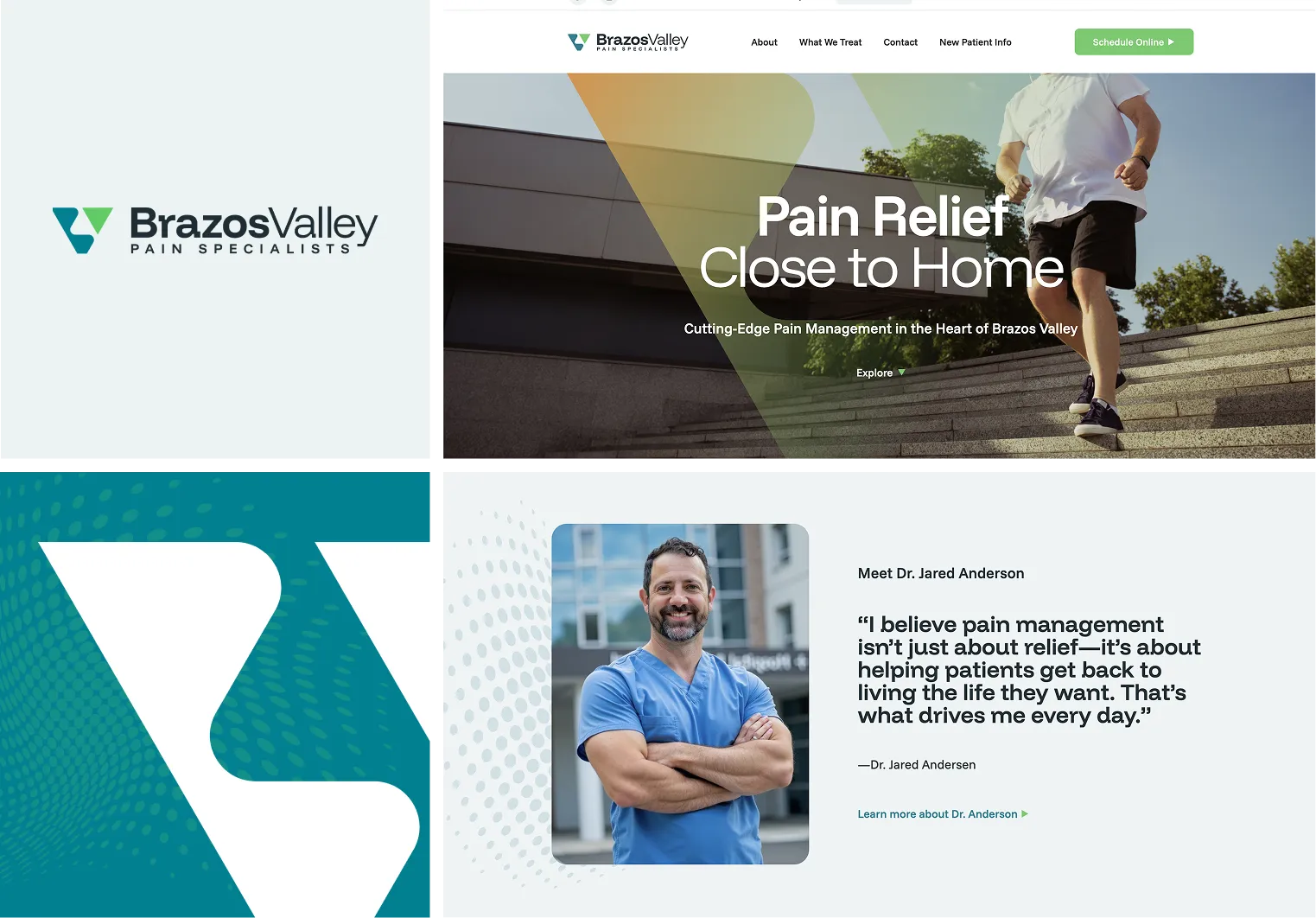 Website layout featuring Brazos Valley Pain Specialists logo, a man running up stairs with text about pain relief, and a portrait of Dr. Jared Anderson in blue scrubs with his quote on pain management.