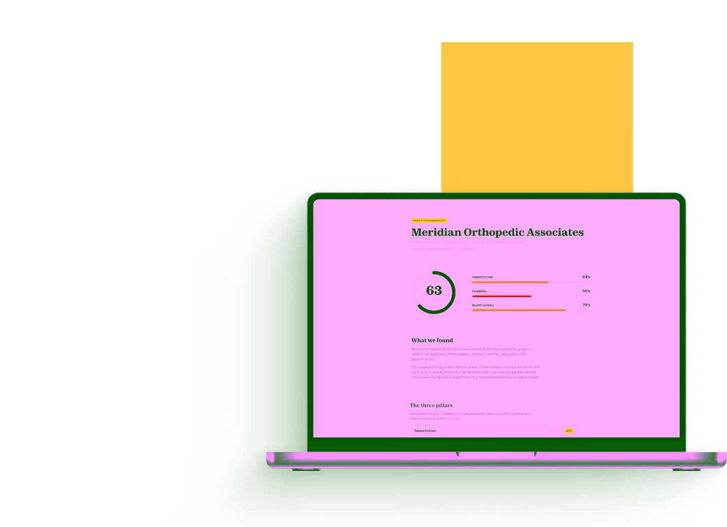 Laptop screen displaying a dermatology report with scores and analysis for Northgate Dermatology.
