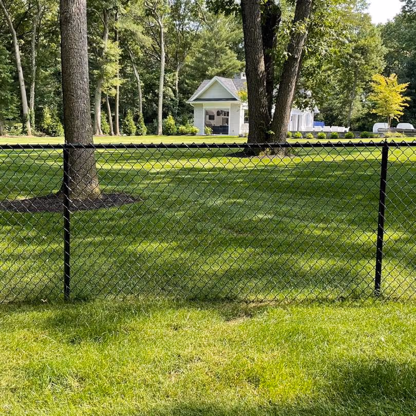 Raised backyard deck with white posts, black balusters, and wooden stairs.