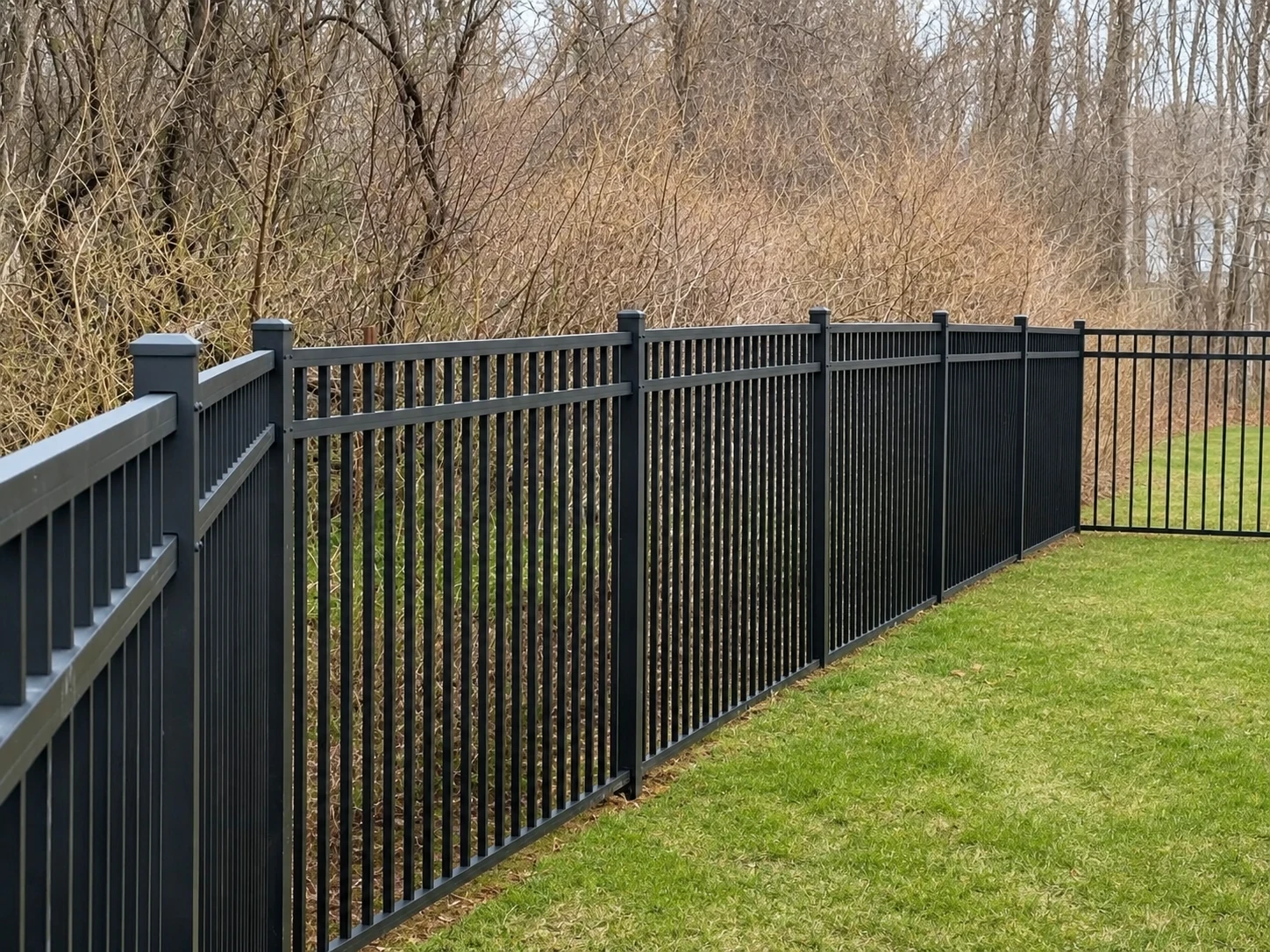 Dark aluminum fence installed along a wooded property line with clean green lawn.