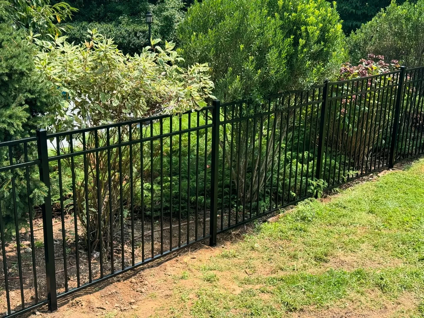Three-rail flat-top aluminum fence installed along a landscaped residential yard.
