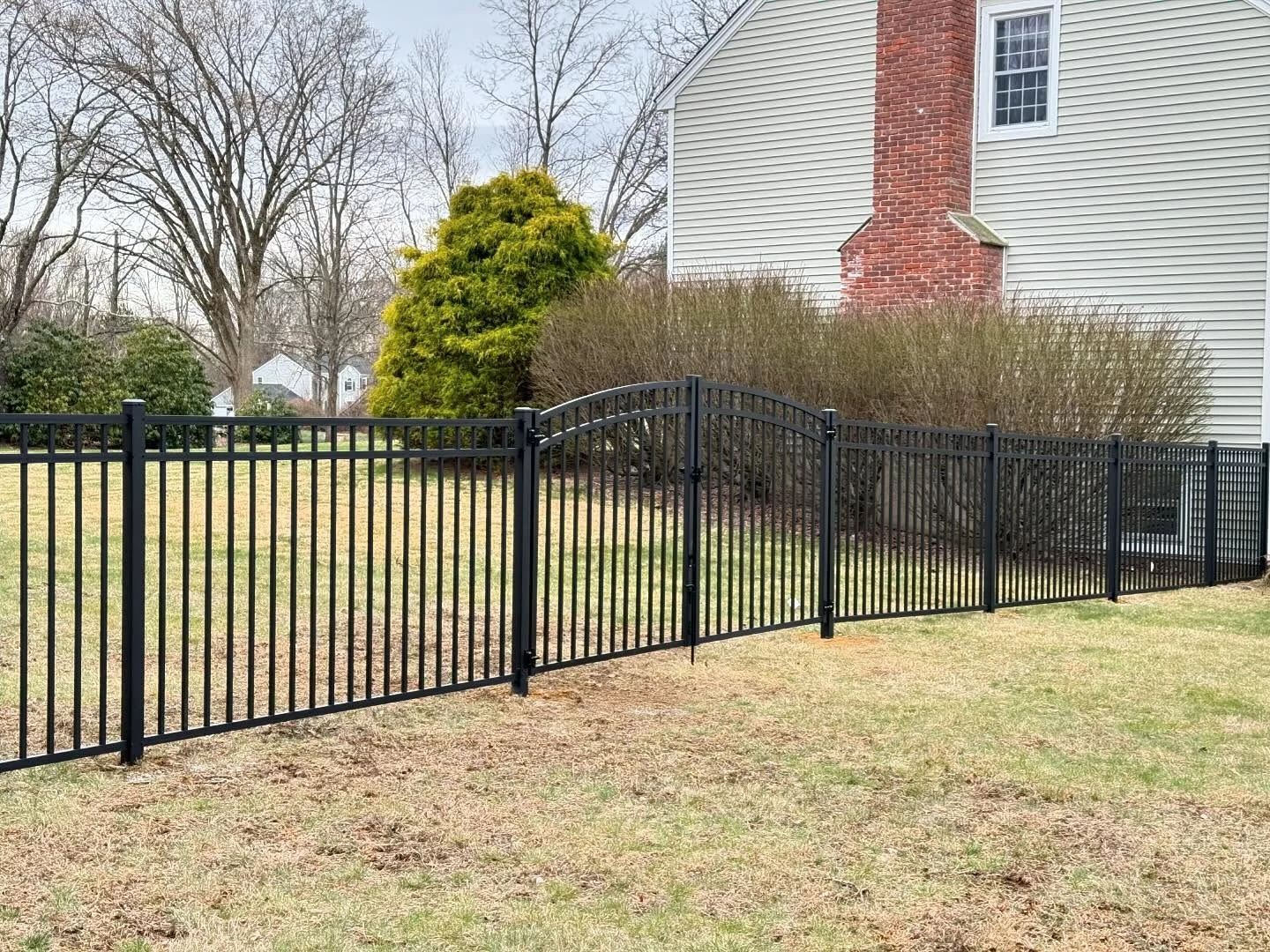 Black aluminum fence with a decorative arched gate enclosing a residential backyard.