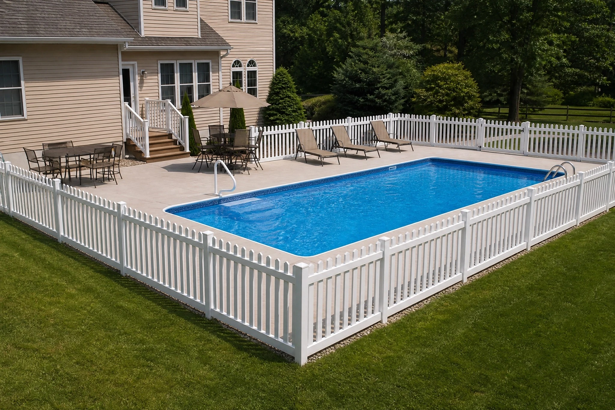 Four-rail flat-top aluminum fence style for a residential pool enclosure.