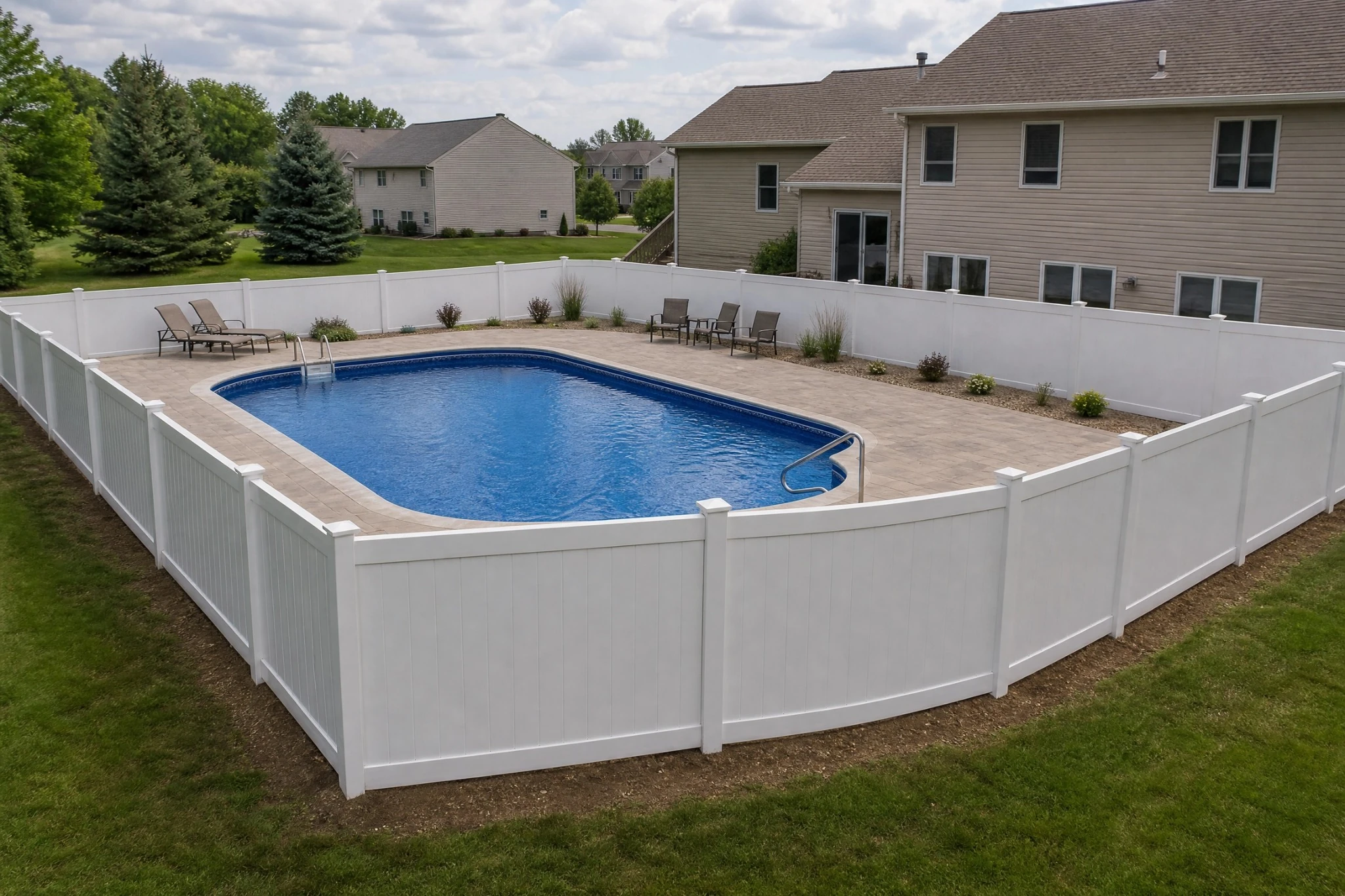 Outdoor deck with dining furniture overlooking a backyard pool and pergola.