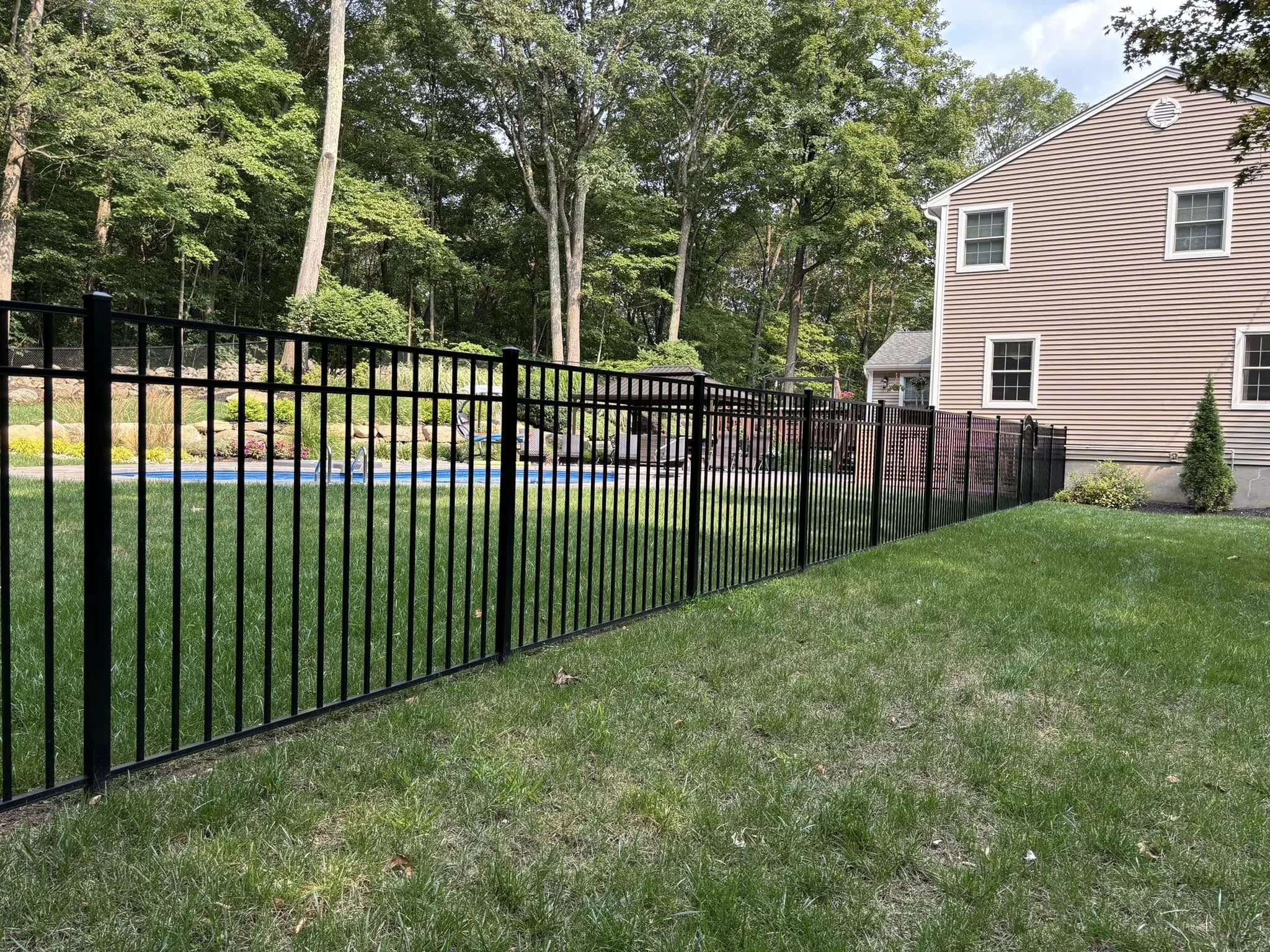 Black aluminum fence with narrow picket spacing along a wooded property.