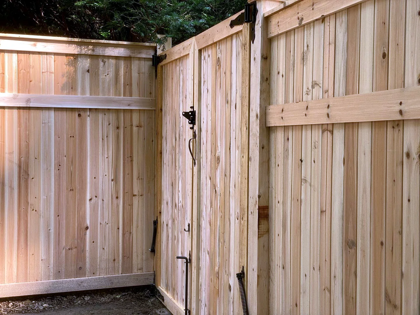 Cedar privacy fence gate with black hinges and latch hardware in a shaded Wilmington, DE yard.