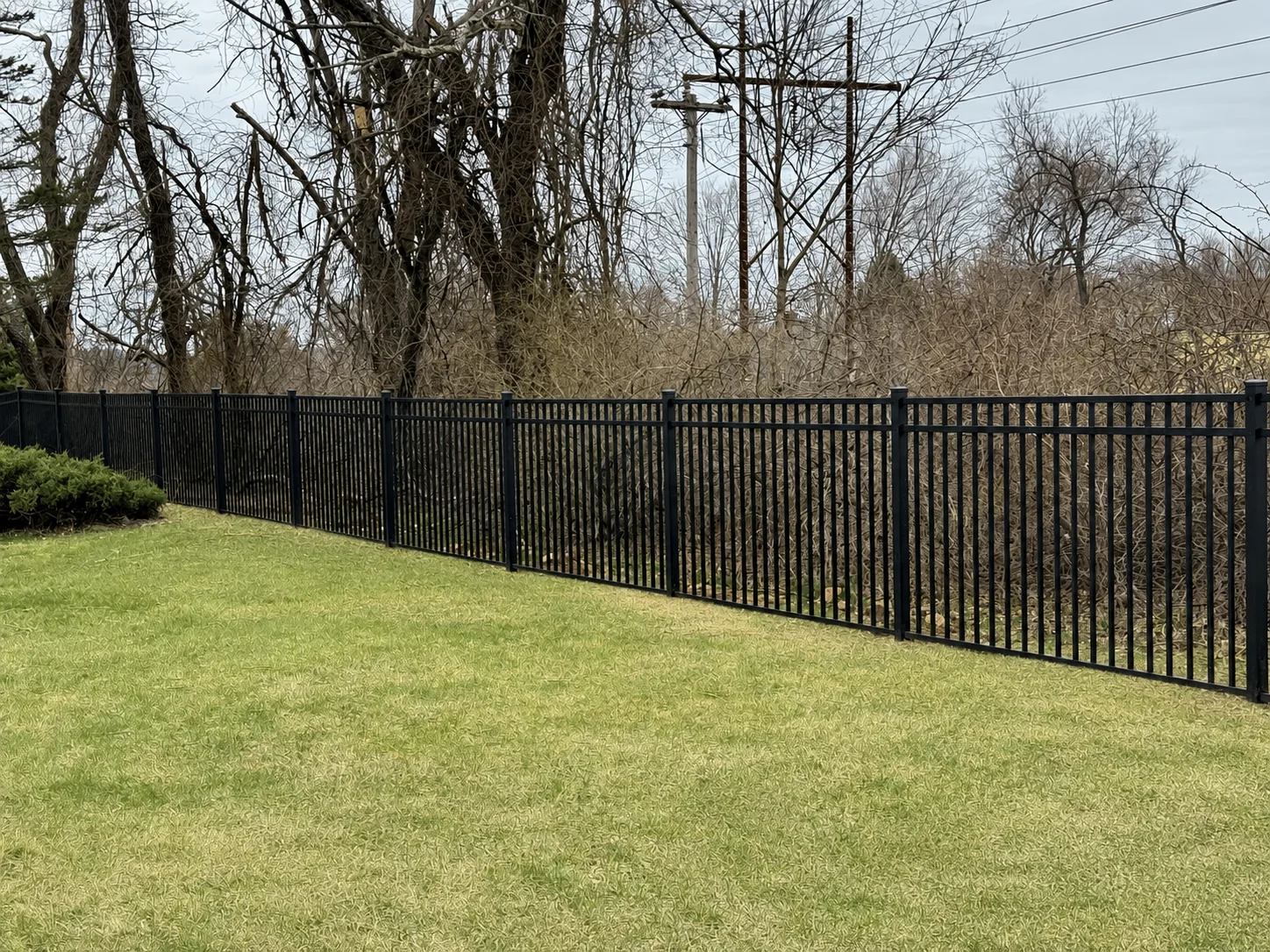 Long black aluminum fence bordering a grassy yard and wooded property in Delaware.