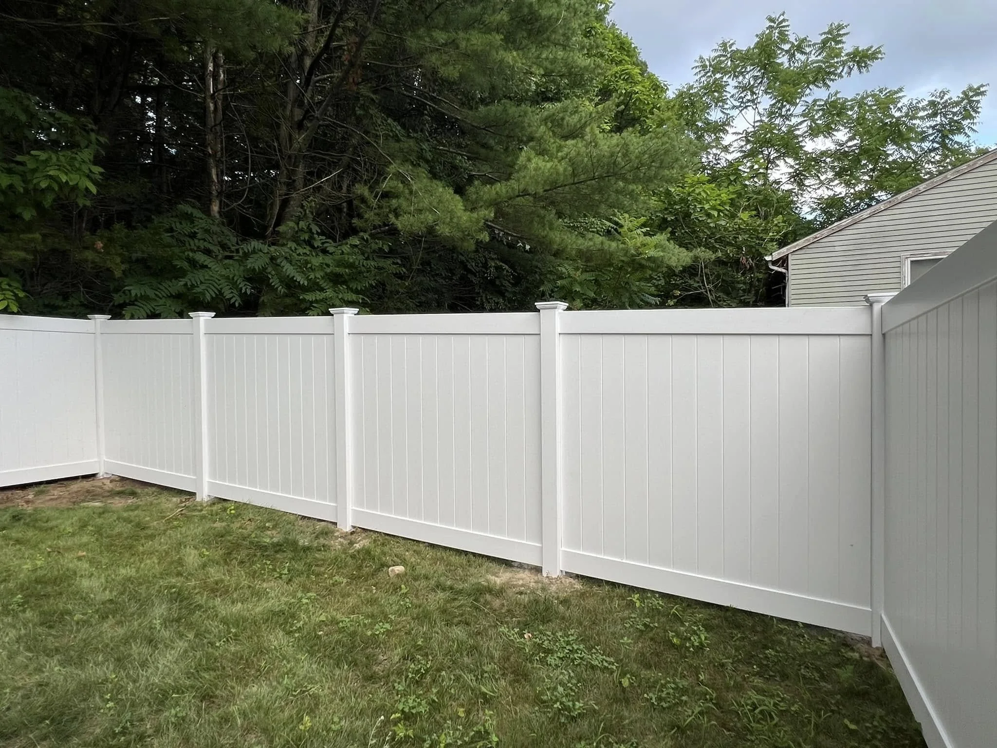 White vinyl privacy fence enclosing a grassy backyard bordered by trees in Wilmington, DE.