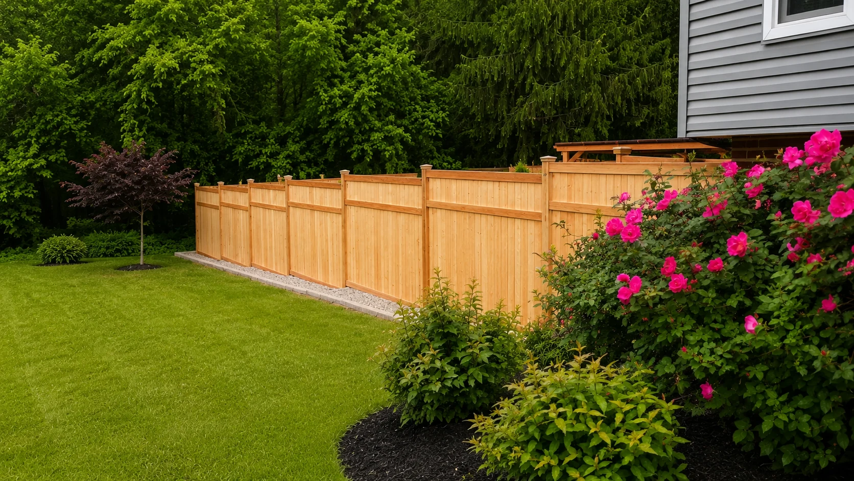 Natural wood privacy fence beside a landscaped backyard with green lawn and pink roses.