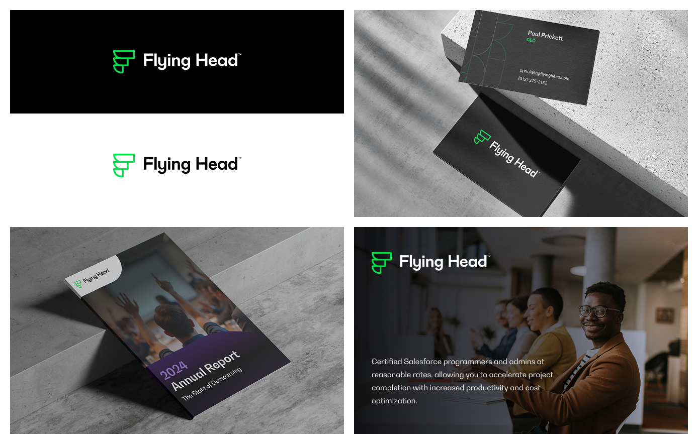 Client example: Flying Head's logo in print and digital.