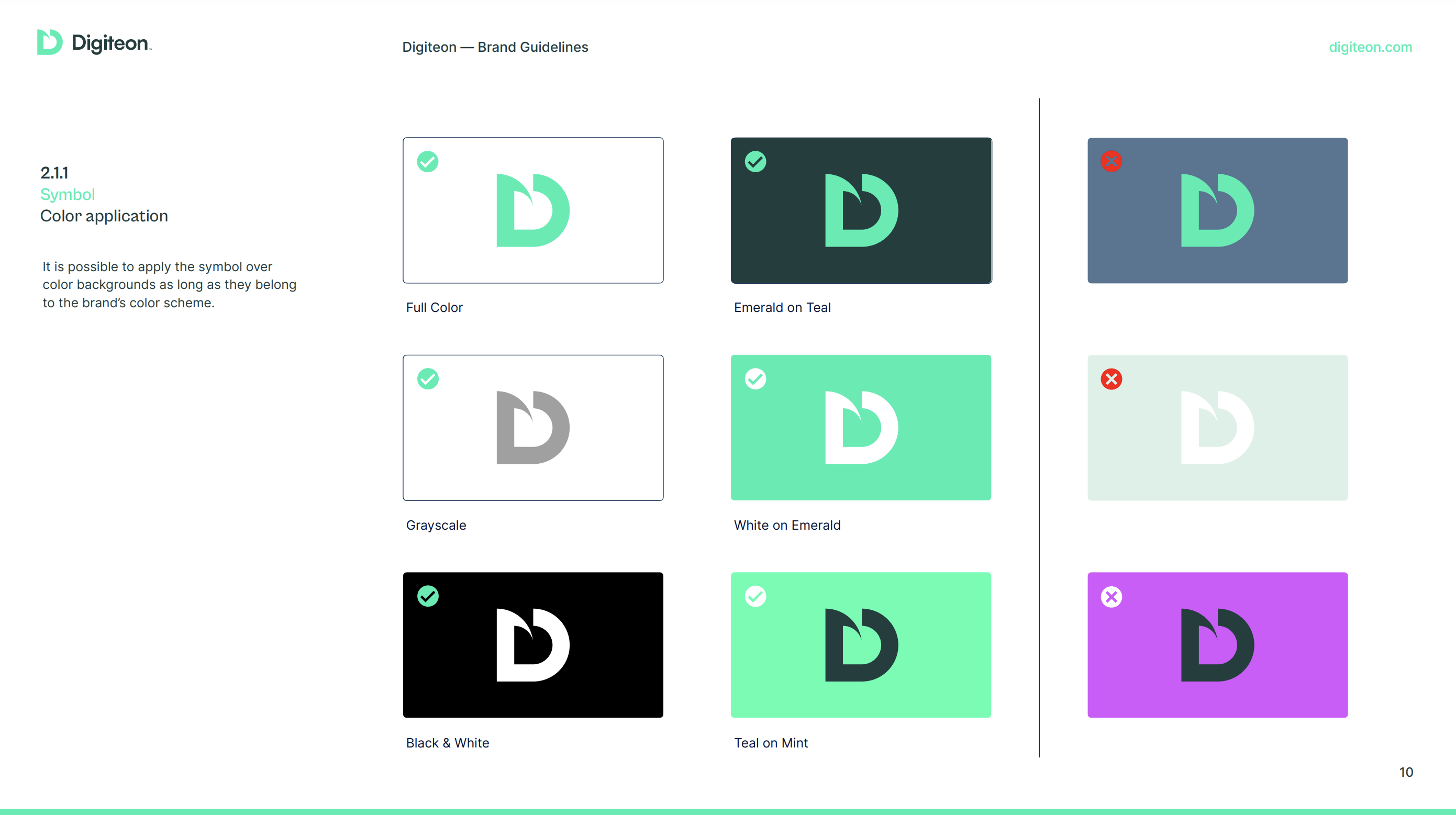 Client example: A page from Digiteon's Brand Manual on how to best use the logo symbol.