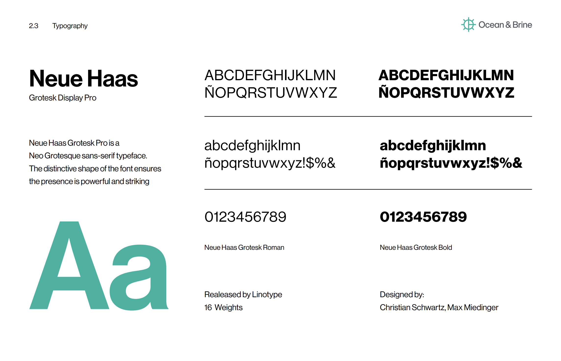 Client example: A page from Ocean & Brine's Brand Manual with typography guidelines.