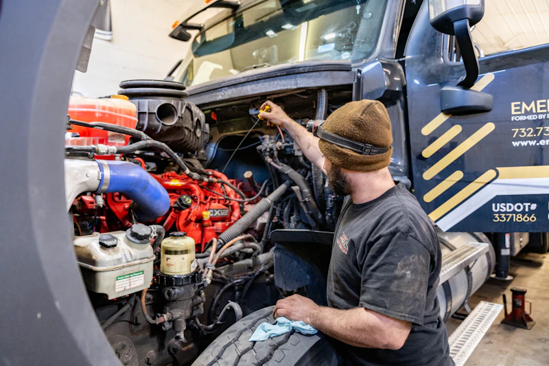 A mechanic wearing a beanie works on the open engine bay of a semi-truck in a repair shop, holding a diagnostic tool while inspecting wiring around a red engine.