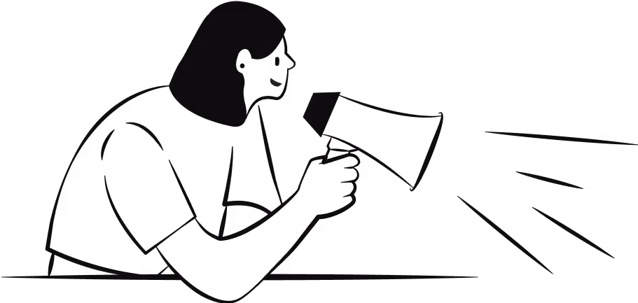 A black and white illustration of a woman, shouting through a megaphone.