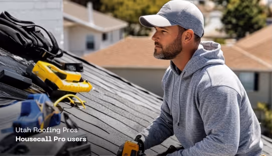 Man in a grey hoodie and cap working on a shingled roof with power tools.
