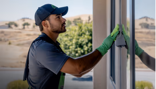 A window cleaner touching up the windows at a customers home.