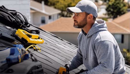 A roofing repair man over looking the job from the top of the customers home.