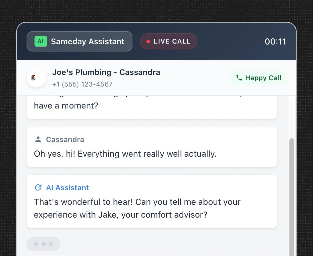 Chat interface showing a live AI-assisted call with Joe's Plumbing - Cassandra, with messages discussing customer experience.