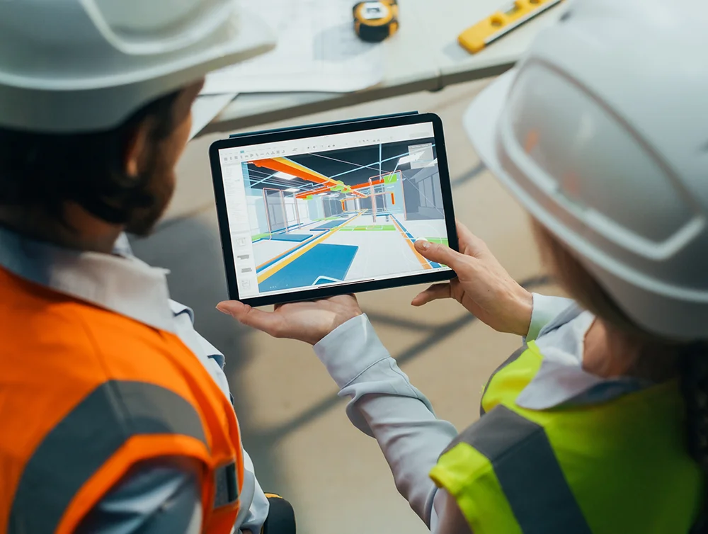 Client and worker reviewing a design of a commercial building.