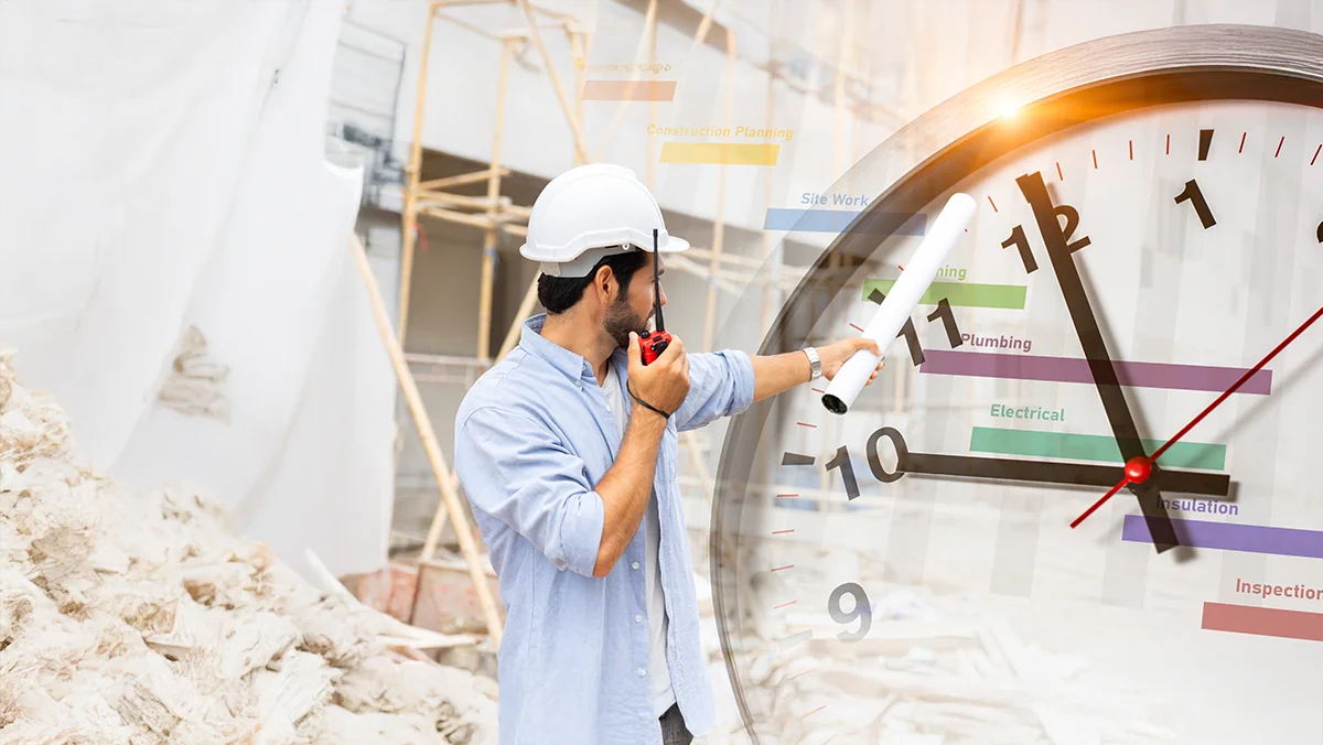 A construction project manager with a clock and timeline on the background. 