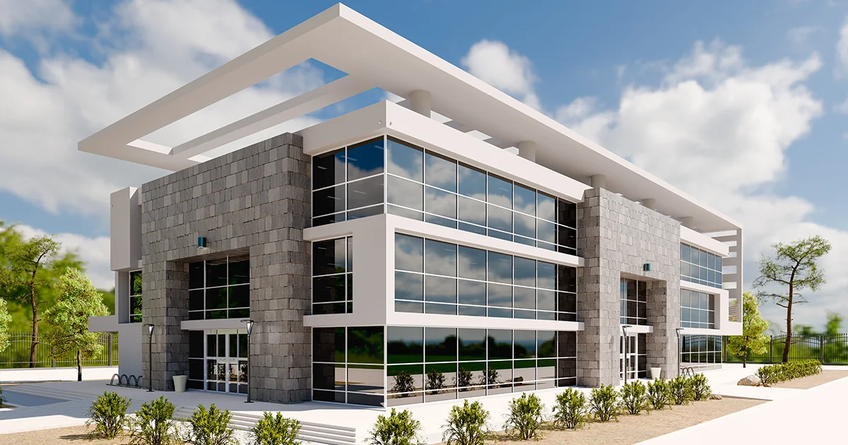3d render of the exterior of a commercial building.