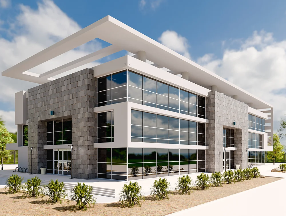 3d render of the exterior of a commercial building.