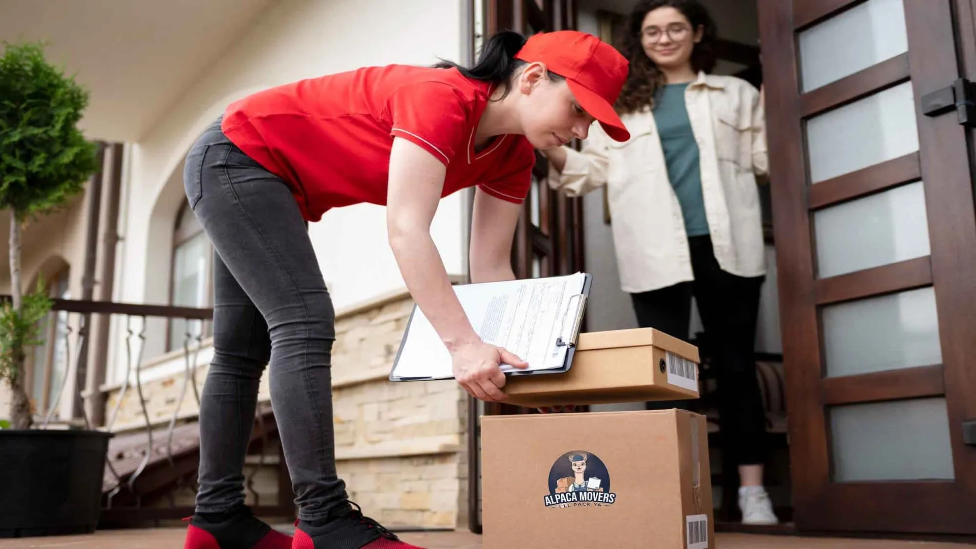 Mover in red uniform delivering boxes to woman standing at the doorway of a house.