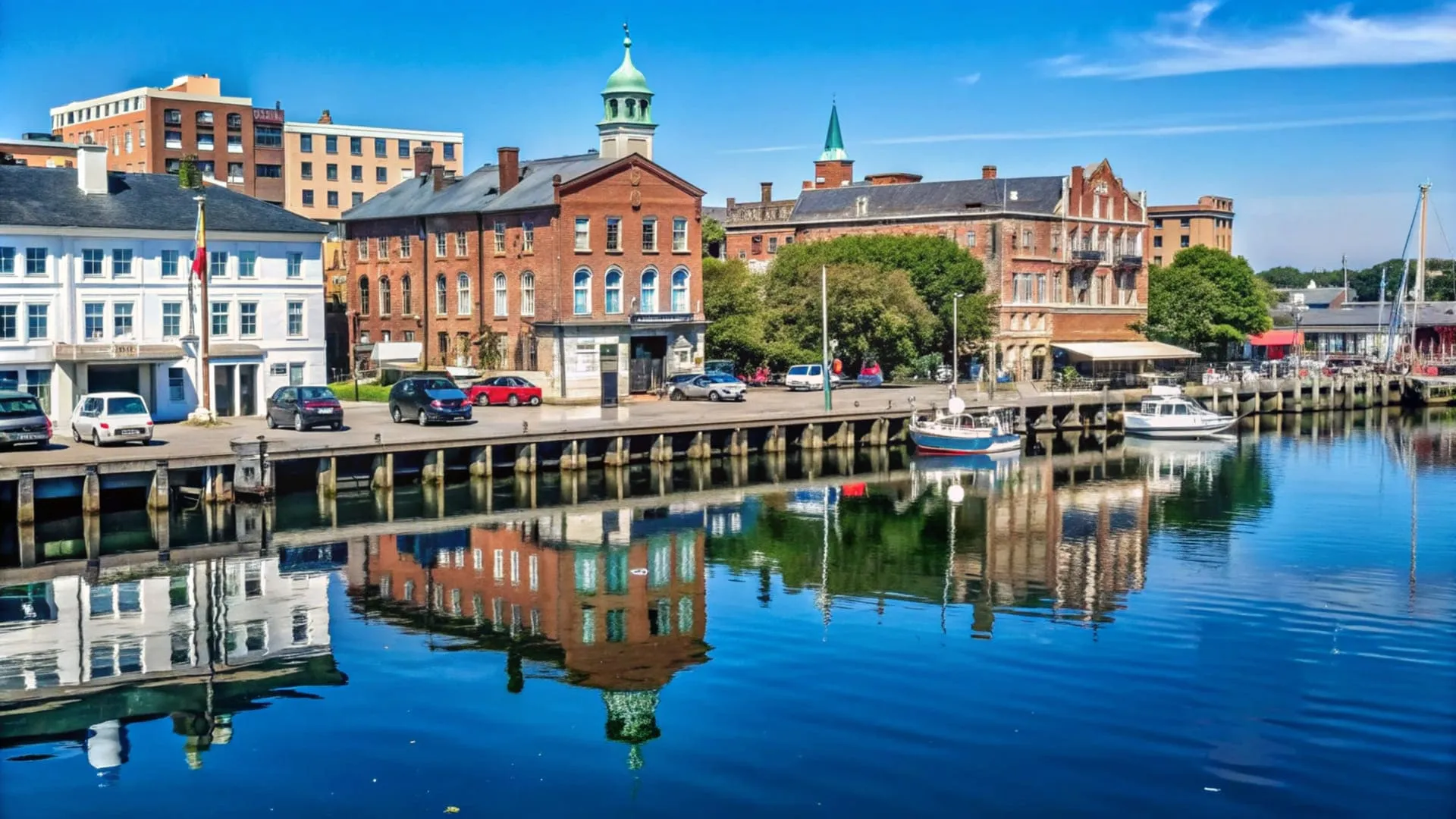Historic waterfront buildings and docked boats reflect on calm blue water under clear sky.