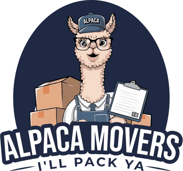 Cartoon alpaca in glasses and cap holding clipboard with moving boxes behind and text Alpaca Movers.