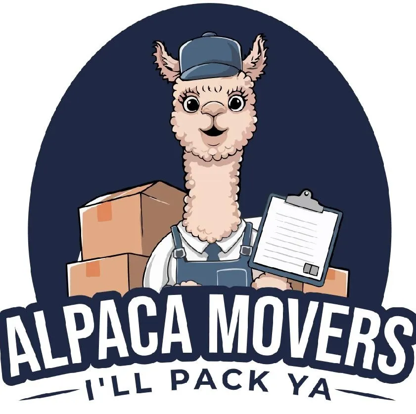 Logo showing an alpaca in a cap holding a clipboard with moving boxes behind and text Alpaca Movers.