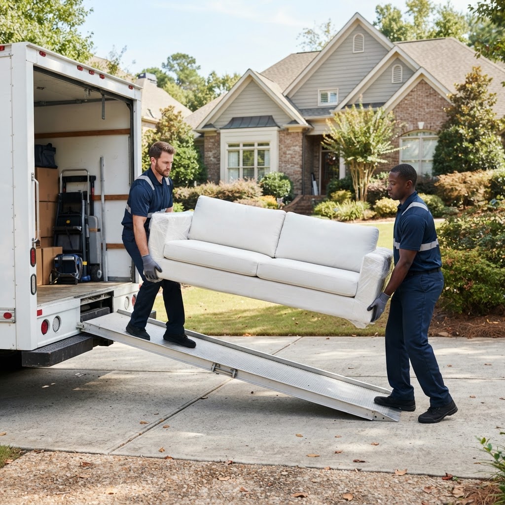 Two Alpaca movers carrying a sofa out of a moving truck