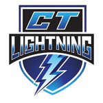 CT Lightning sports team logo with bold letters and a blue lightning bolt shield.