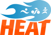 Blue flame with white icons of a swimmer, cyclist, and runner above the orange text 'HEAT'.