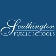 Southington Public Schools logo with cursive and capital text on a blue background.