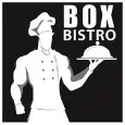 Stylized white silhouette of a chef holding a cloche on a black square background with Box Bistro text.