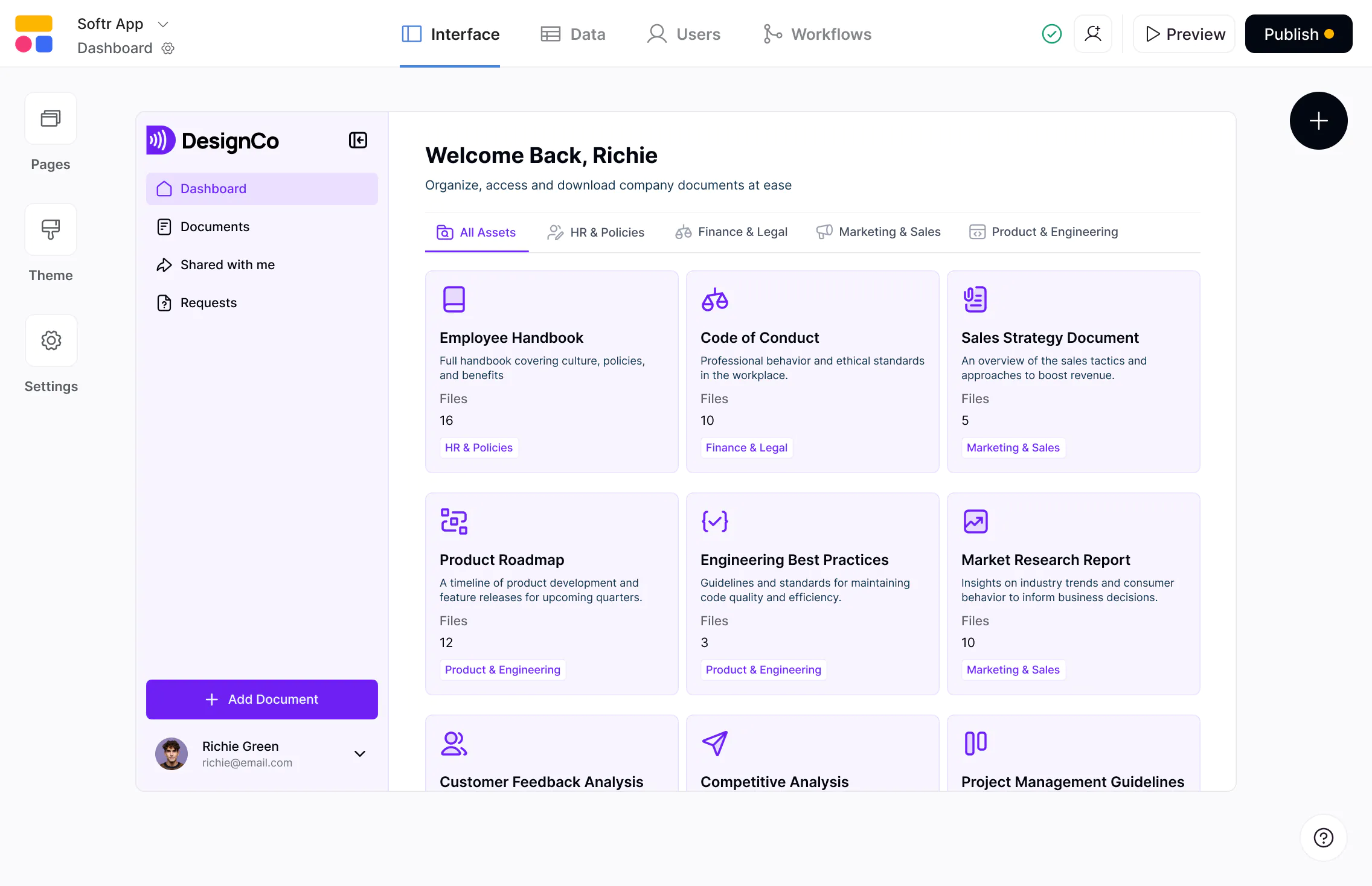 Softr vs Replit showing a Softr-built client portal dashboard