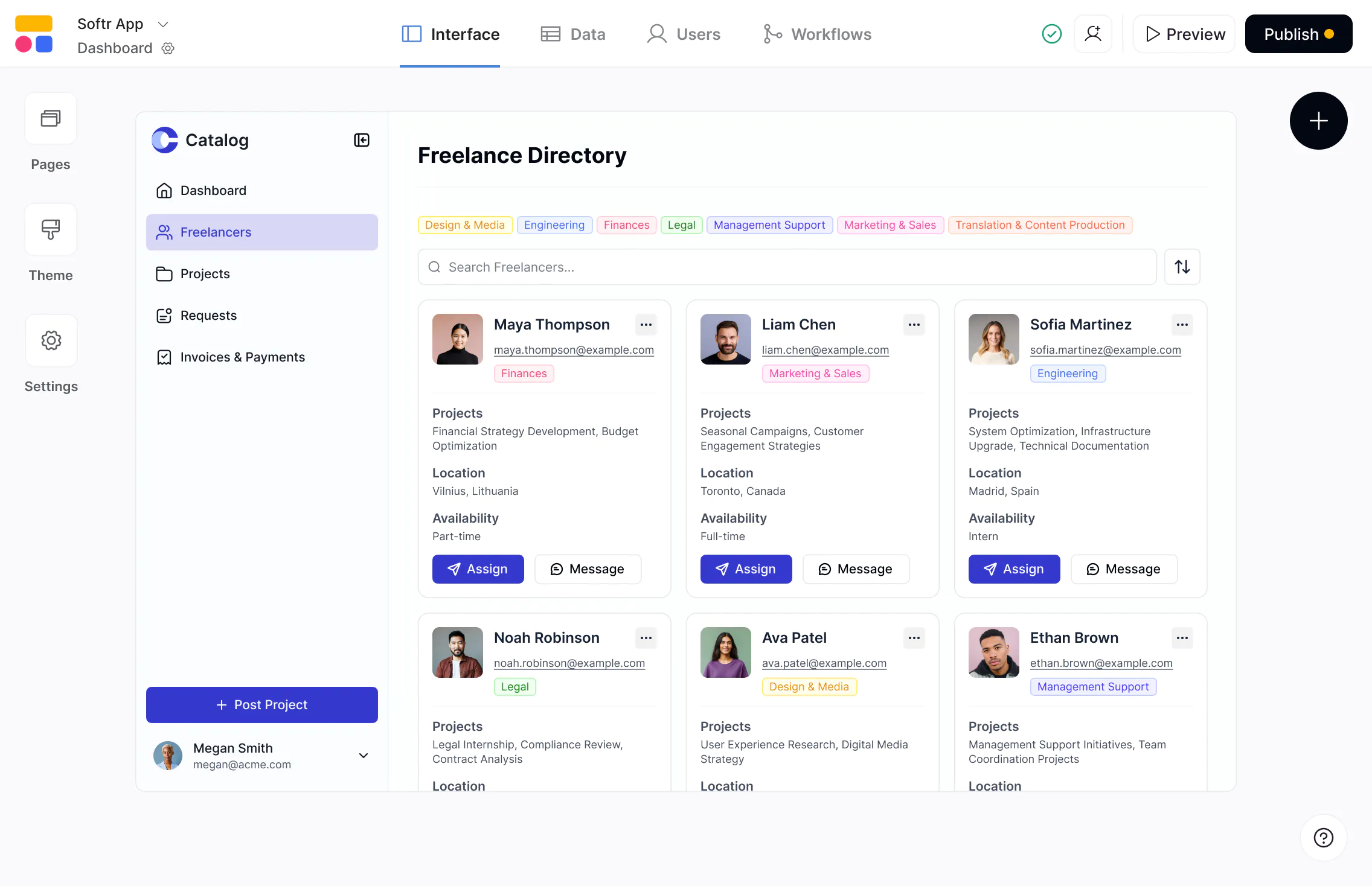 Softr vs Lovable showing a Softr-built freelance directory app